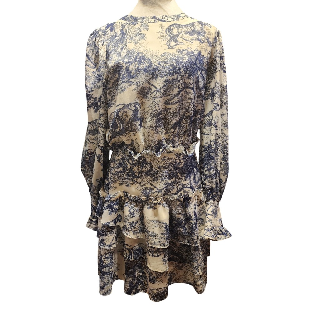 Moodie Blue Toile de Jouy Tiered Ruffle Mini Dress Long Sleeve Womens Size M